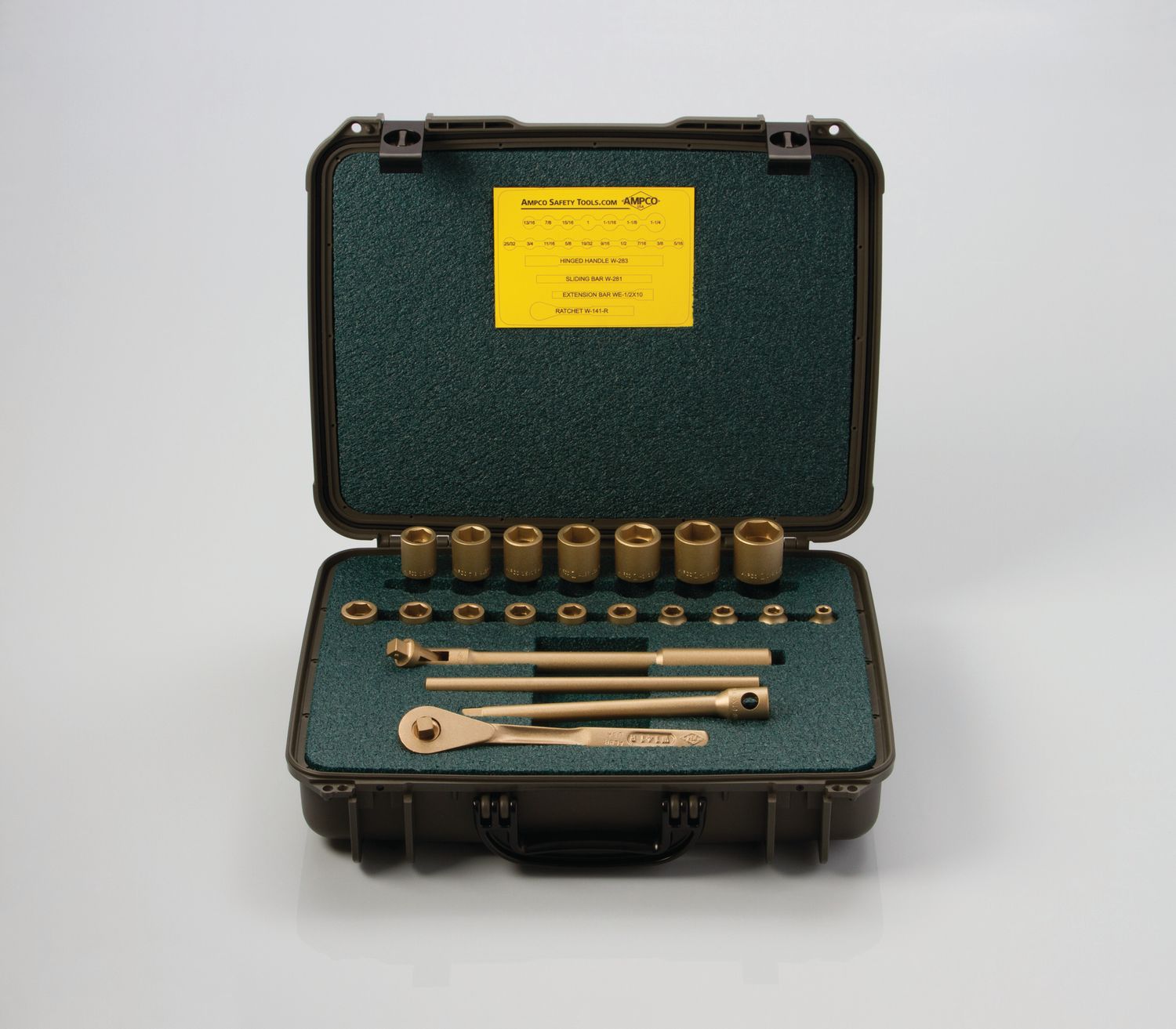 Ampco Safety W-260 21-Piece 1/2" Drive SAE Socket Set Non-Sparking, Non-Magnetic in a carrying case