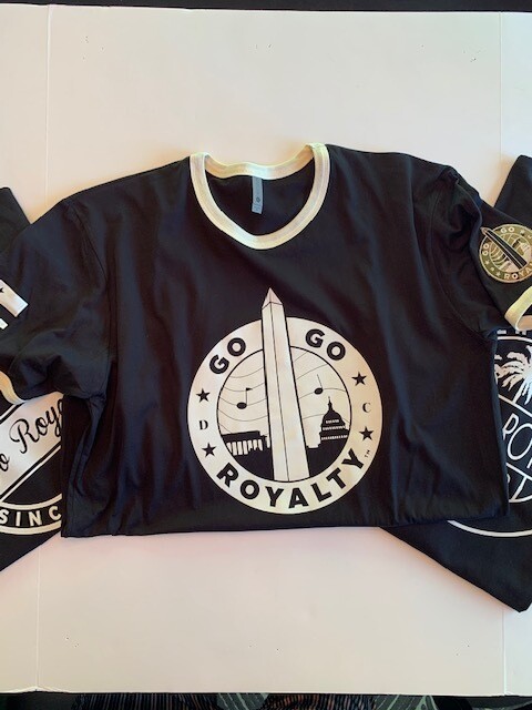 Black &amp; White Ringer GGR Short Sleeve T-Shirt (Choose Your Logo) w. GGR Logo, Palm Tree Style or Vintage Cursive w. Gold Patch