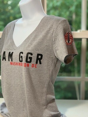 Go-Go Royalty Womens &quot;Team Go-Go Royalty&quot; (Gray) v- neck T-Shirt with Red &amp; Black Patch