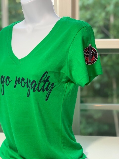 Go-Go Royalty Womens Green T-Shirt with Blue Logo (w Red &amp; Blue Patch)
