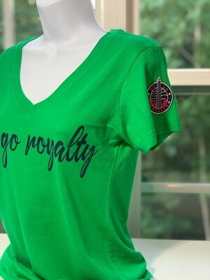 Go-Go Royalty Womens Green T-Shirt with Blue Logo (w Red &amp; Blue Patch)