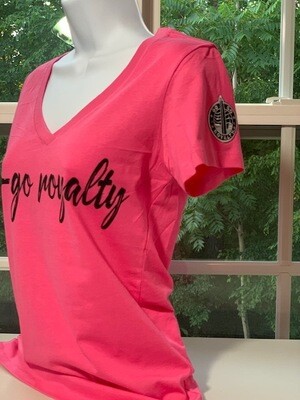 Go-Go Royalty Women&#39;s Hot Pink V neck T-Shirt with black GGR logo (w.Black Layer Patch)