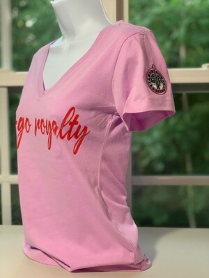 Go-Go Royalty Womens Light Pink v-neck T-Shirt with Red logo (w.Pink Layer Patch)