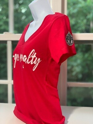 Go-Go Royalty Womens Red V- Neck T-Shirt with White logo (w.Black Patch)