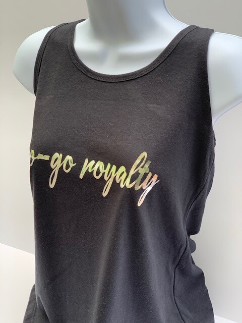 Go-Go Royalty Womens Black Racer Back Tank Top w/Logo Patch