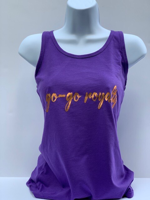 Go-Go Royalty Womens Purple and Copper Racer Back Tank Top w/Logo Patch on the back