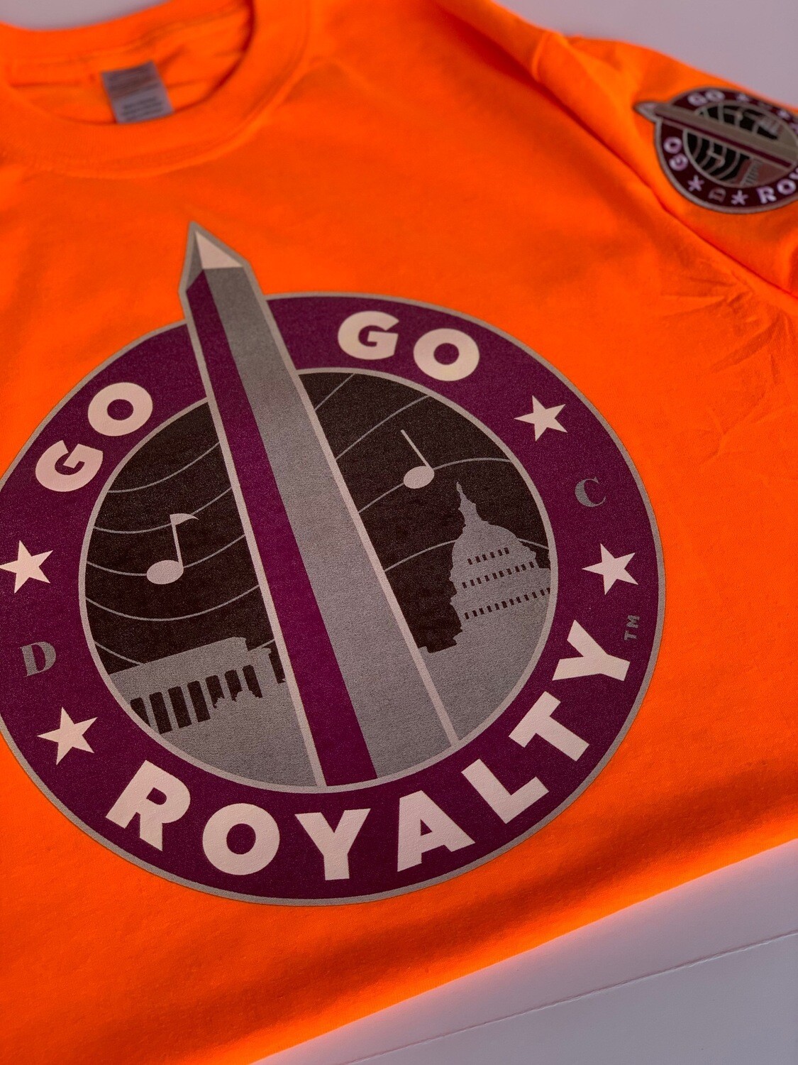 Go-Go Royalty Orange Short Sleeve T-shirt w Original Purple Logo Monument Logo &amp; Patch to match