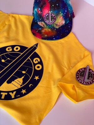 Go-Go Royalty Yellow T-Shirt Short Sleeve T-shirt w Navy Blue Monument Logo &amp; Patch