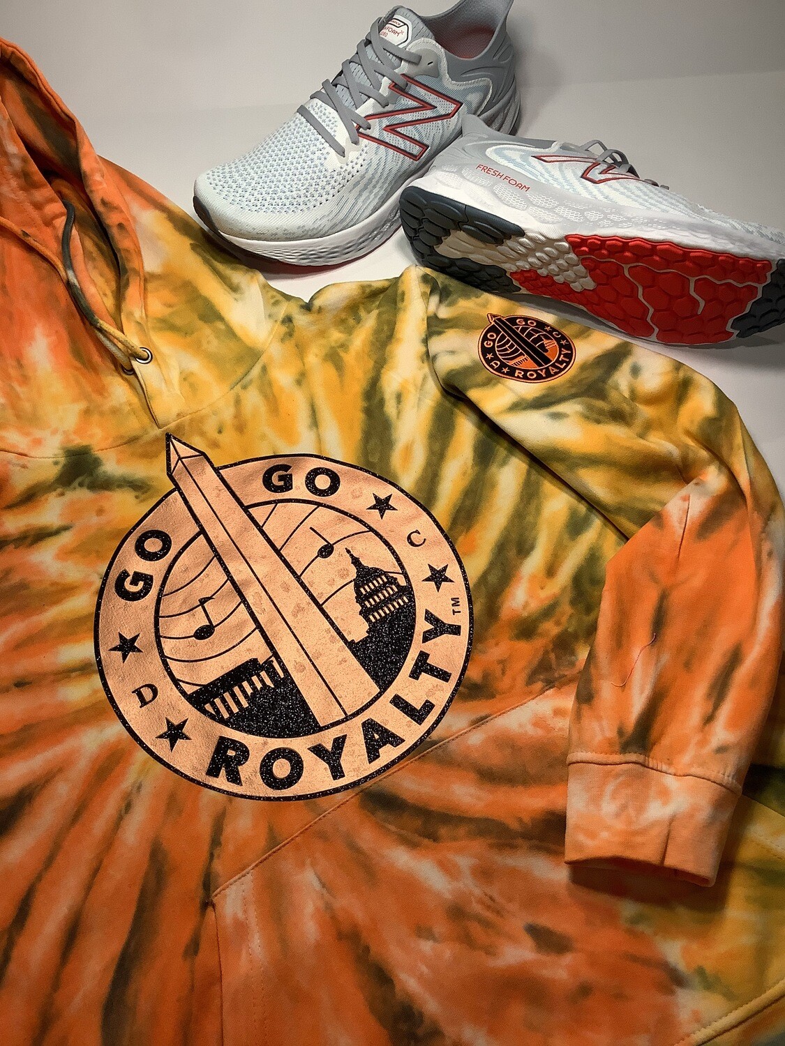 Rust Tie Dye Fleece  SweatSuit with Orange Foil and Black Studded Graph, Choose Size: Small