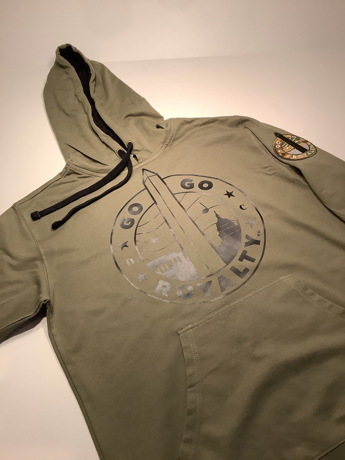 Military Green and Black Light Weight Hoodie with Black Go-Go Royalty Graph, Choose Size: Small
