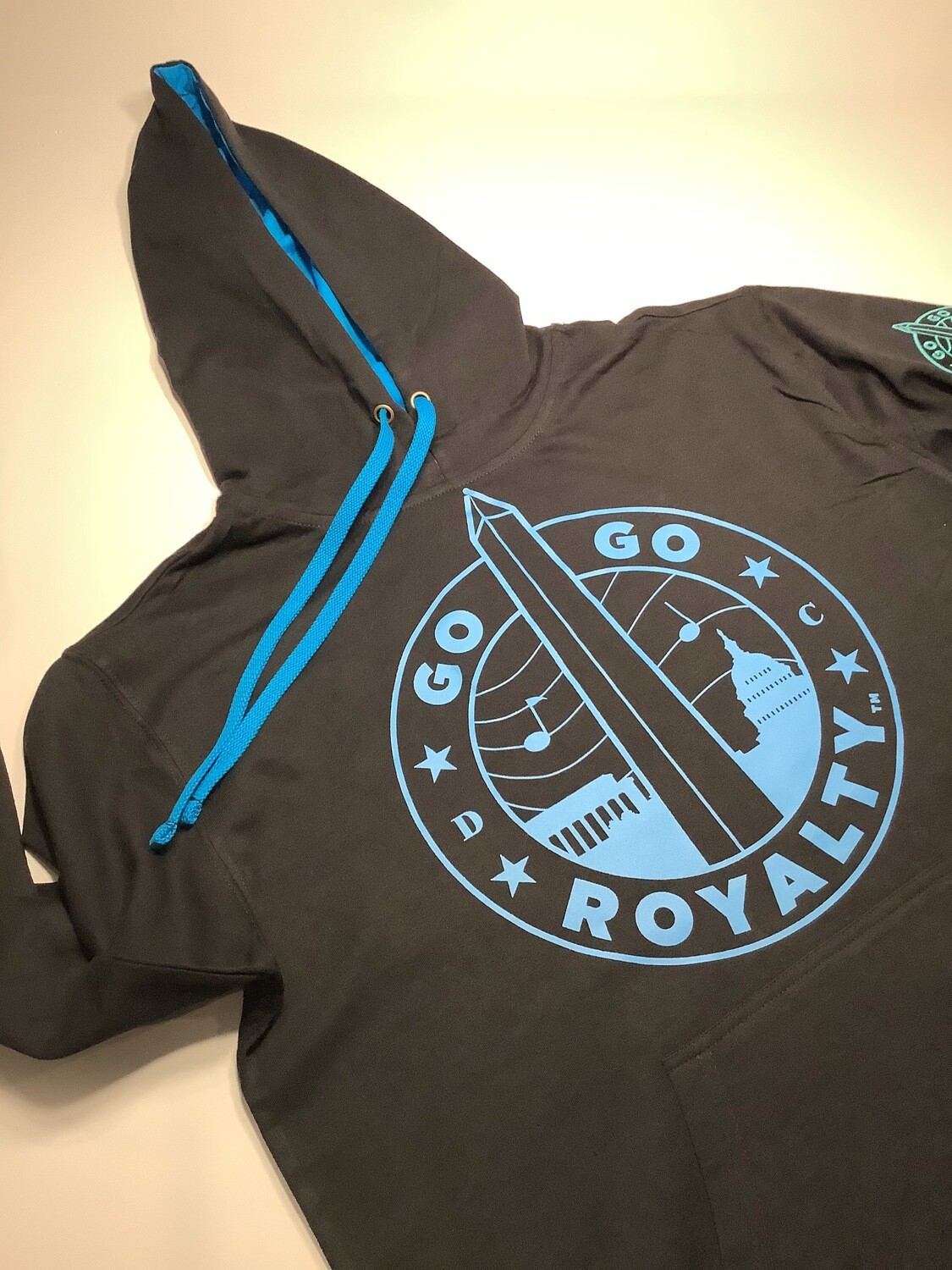 Black and Turquoise Light Weight Hoodie with Turquoise Go-Go Royalty Graph, Choose Size: Small