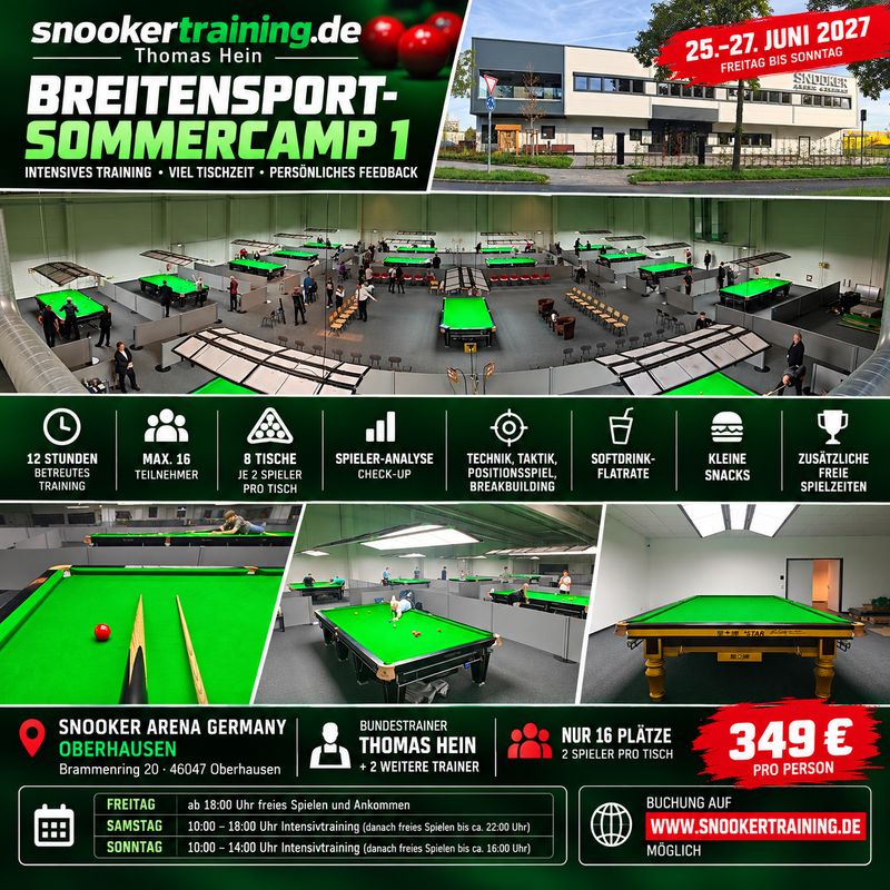 Snooker Breitensport-Sommercamp 25.–27. Juni 2027 – Snooker Arena Germany Oberhausen mit Bundestrainer Thomas Hein