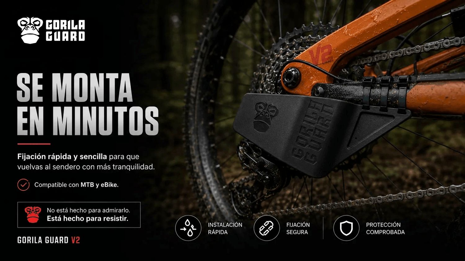 Gorila Guard V2 instalado mediante bridas sobre la vaina de una bicicleta MTB