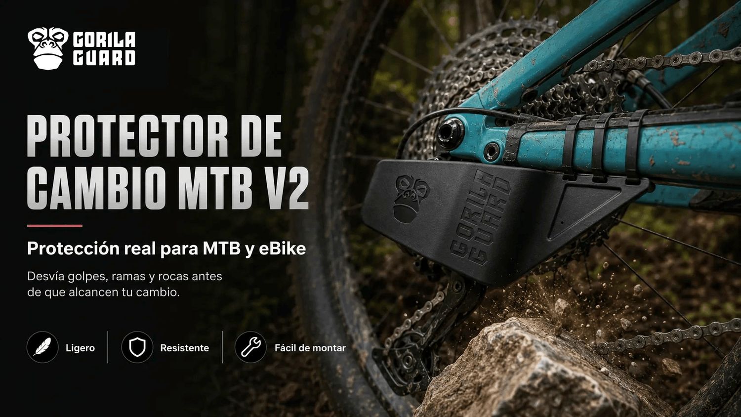 Imagen principal del Gorila Guard V2 con el protector instalado en una MTB en terreno técnico