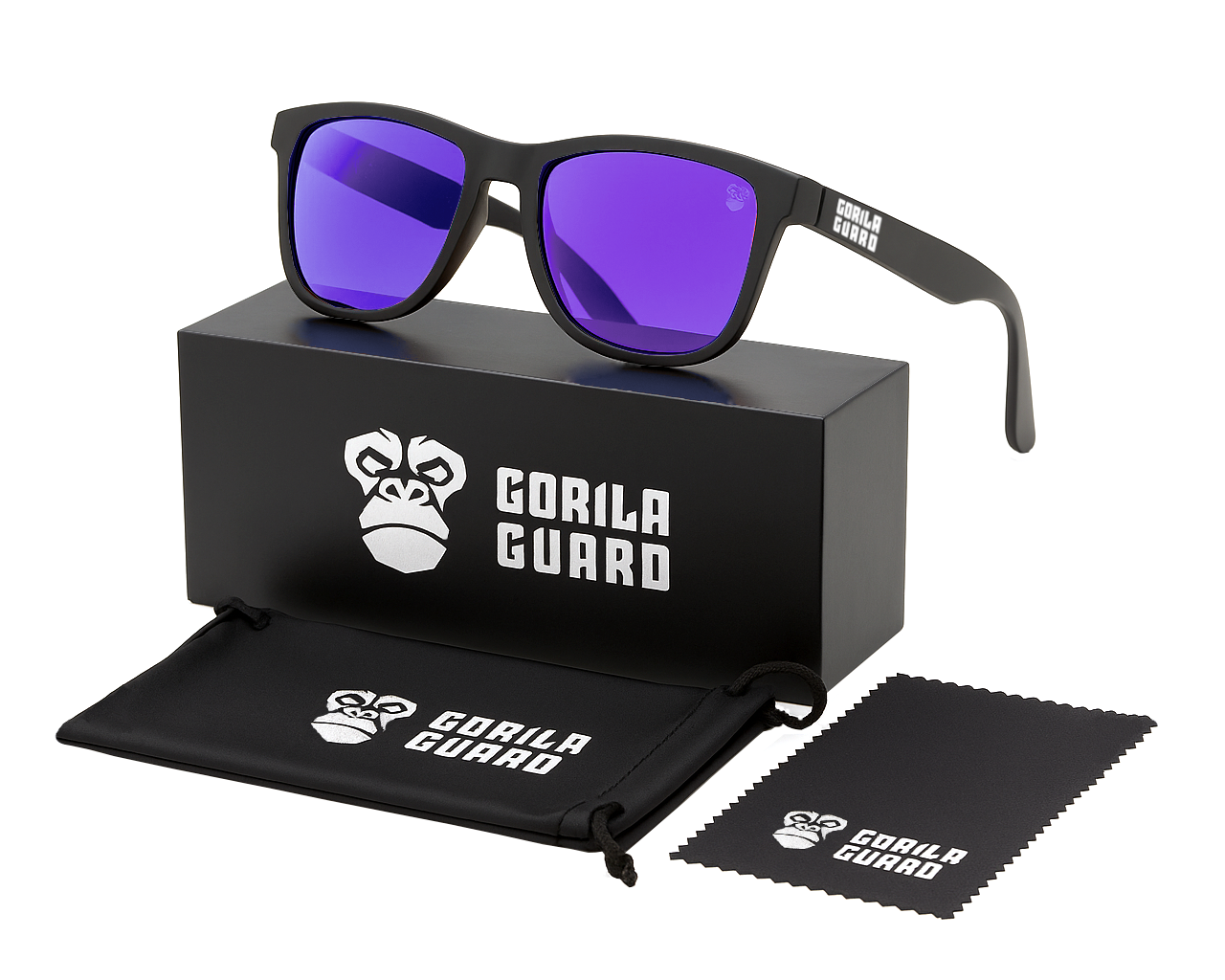 Presentación de las gafas Gorila Guard con caja, funda y gamuza