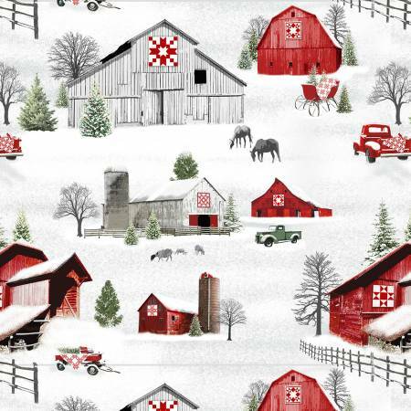 Grey/Red Barns & Trucks Scenic - Holiday Heartland- 1/2m Cut 55799