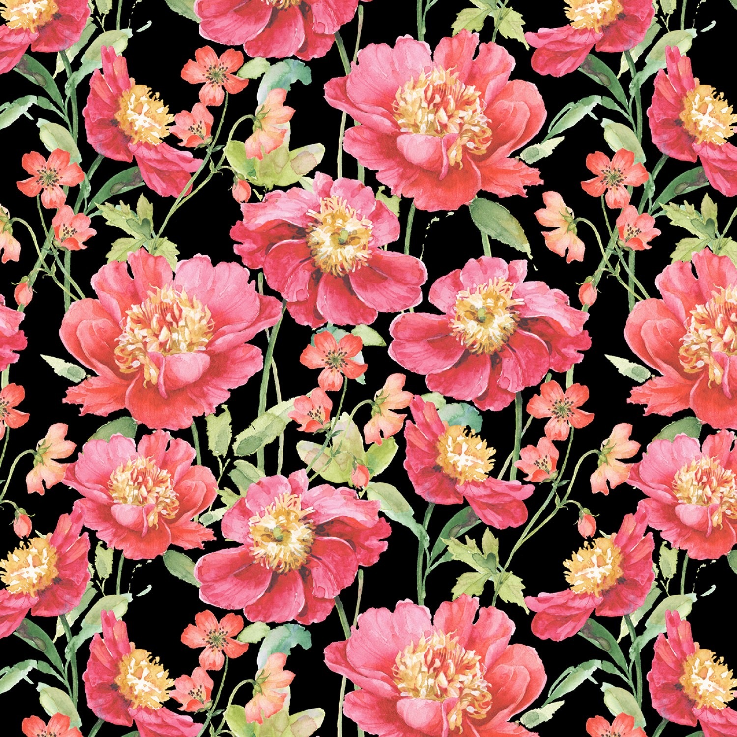 Poppies On Black - Pink Garden by Wilmington Fabrics - 1/2m cut 56293