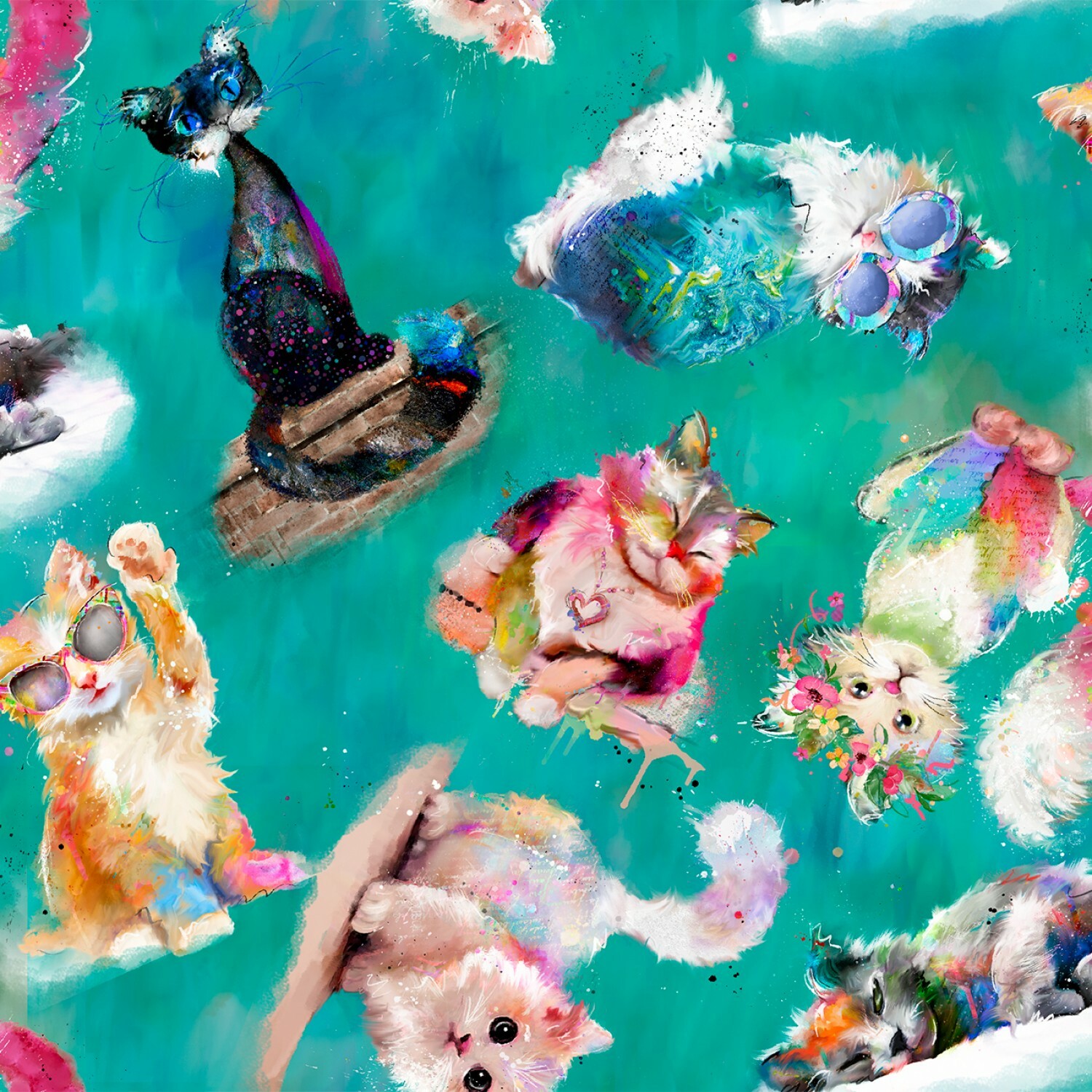 Turquoise Tossed Cats - Good Kitty - 1/2m cut 56504