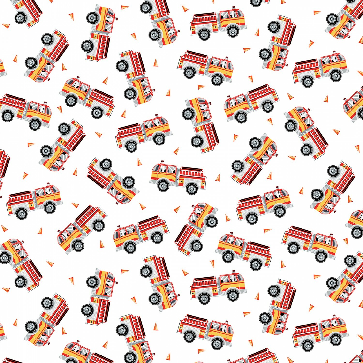 Fire Trucks on White - GLOW IN THE DARK Fabric - 1/2m cut 56650