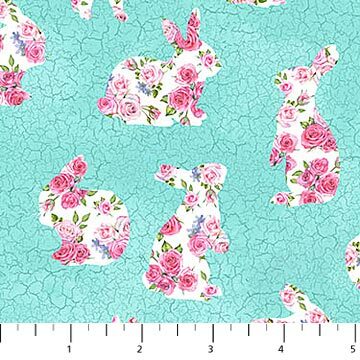 Bunny Love - Floral Bunnies on Aqua - 1/2m cut 56921