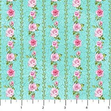 Bunny Love - Aqua Floral Stripe - 1/2m cut 56917