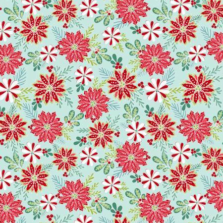 Light Teal Christmas Florals - Heart and Home - 1/2m cut 57624