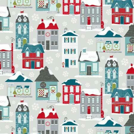 Light Grey Christmas Home Town Village - Heart and Home - 1/2m cut