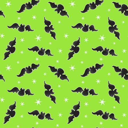 Here We Glow - Bats on Green - GLOW IN THE DARK - 1/2m cut 57667