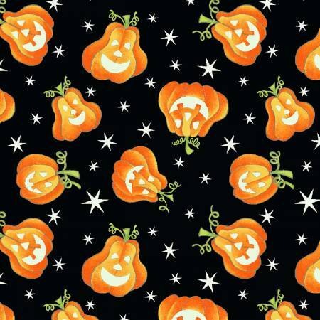 Here We Glow - Pumpkins on Black - GLOW IN THE DARK - 1/2m cut 57665