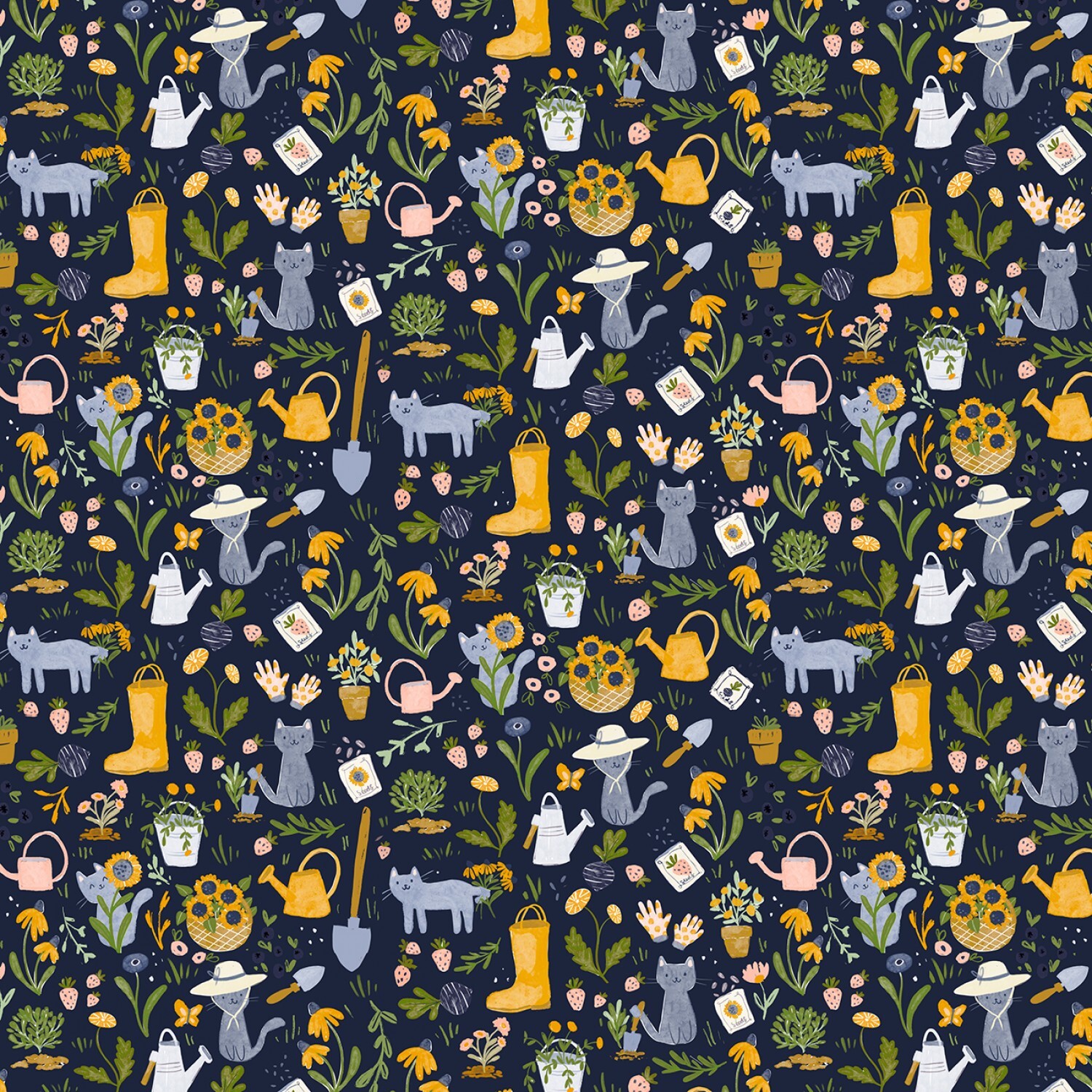 Meant to Bee - Navy Gardening Cats - 1/2m cut 57748