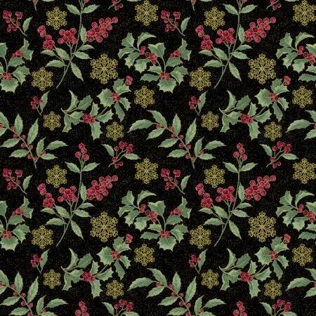 Holly on Black - Festive Chickadees - 1/2m cut 57756
