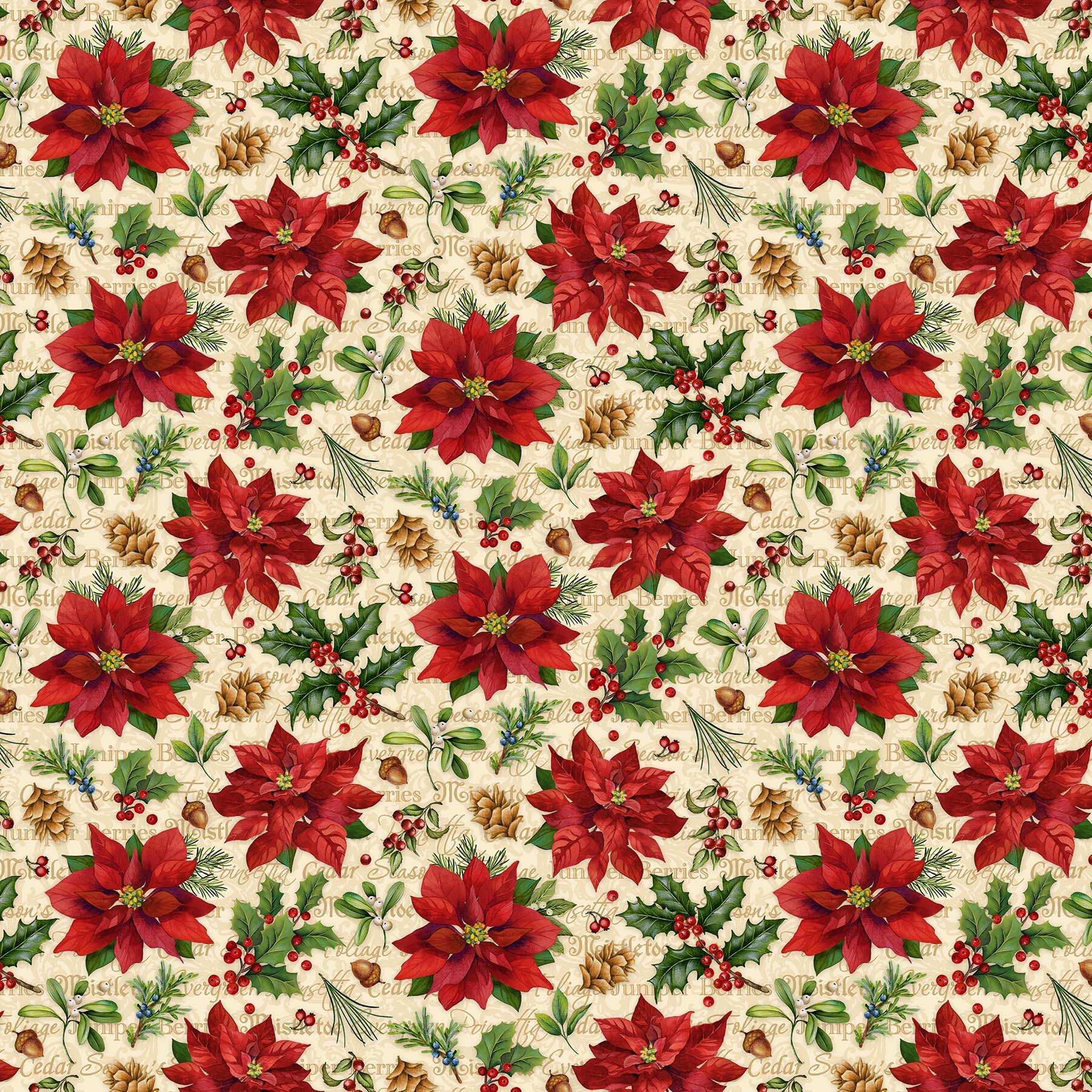 Old Time Christmas - Poinsettias on Cream - 1/2m cut 57957