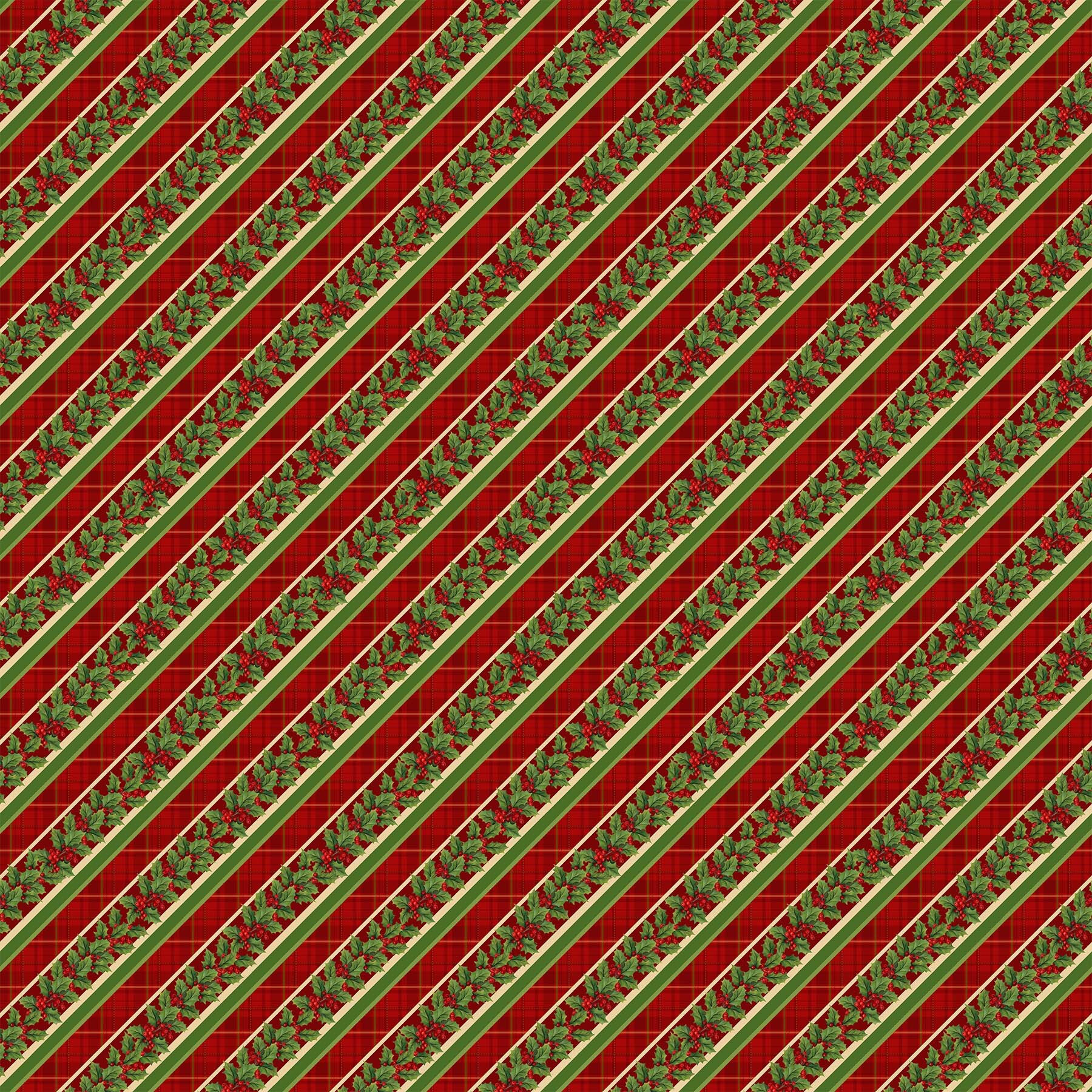 Old Time Christmas - Diagonal Holly Stripe on Red - 1/2m cut 57970