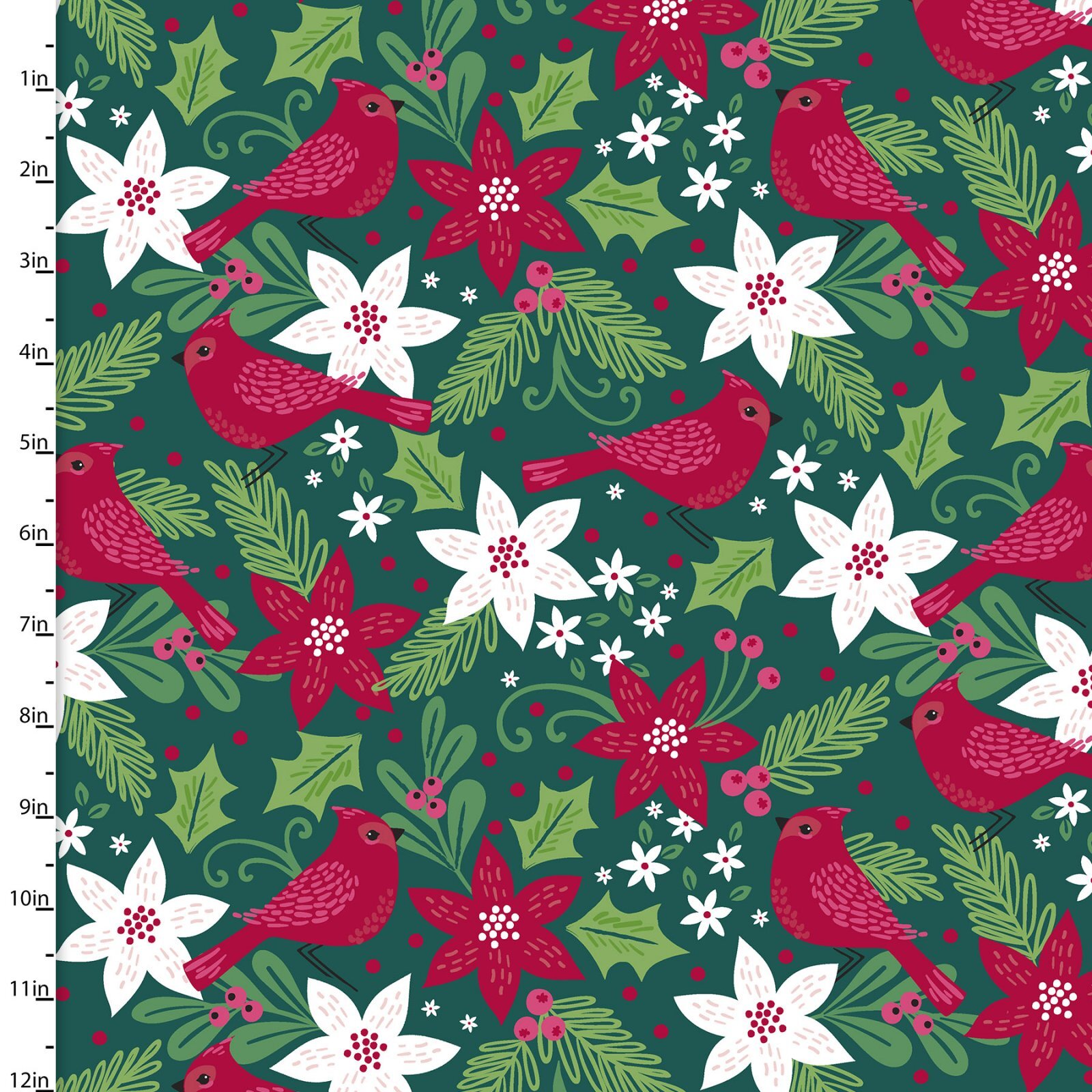 Holiday Wonder - Cardinals and Poinsettias on Green - 1/2m cut 58001
