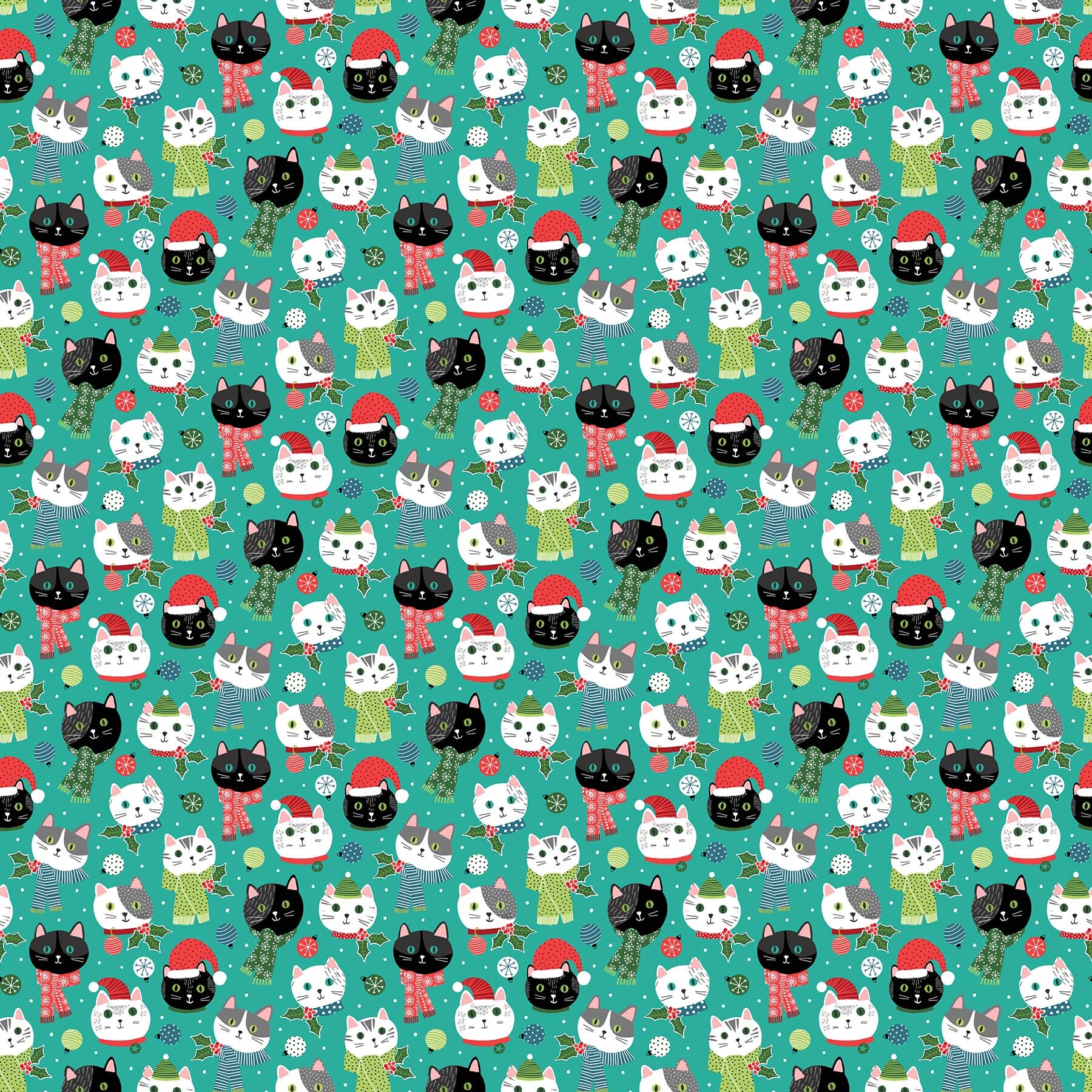 Santa Paws - Teal Cat Faces - 1/2m cut 58021