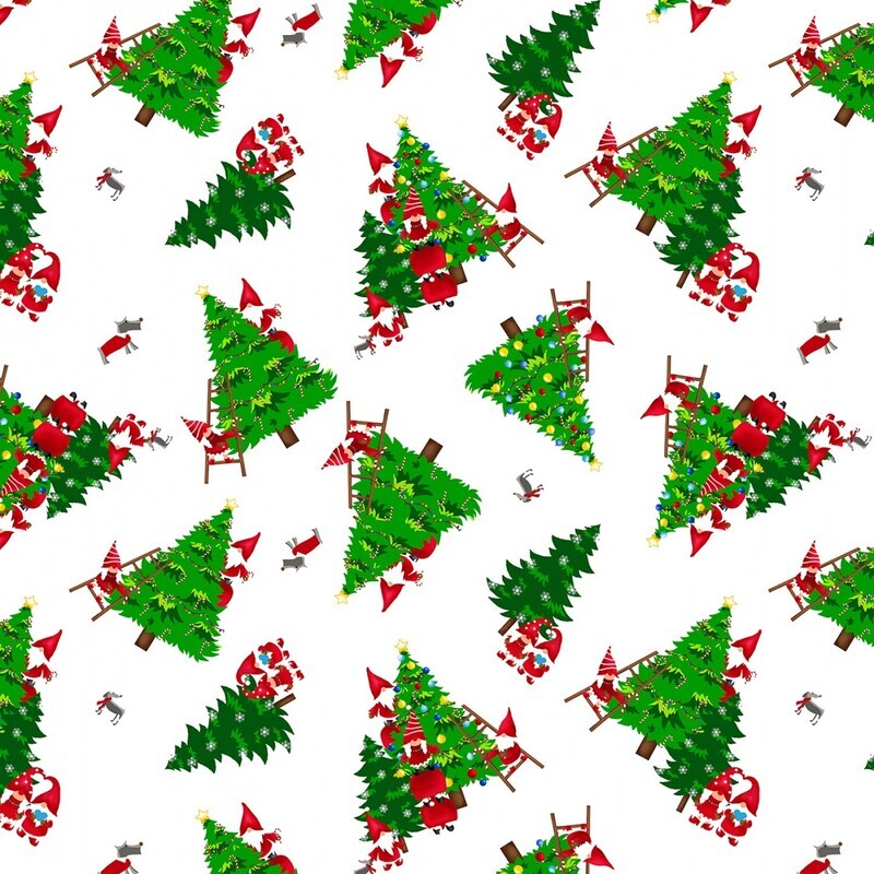 Merry Gnomeville - Trees and Gnomes on White - Pearlized - 1/2m cut