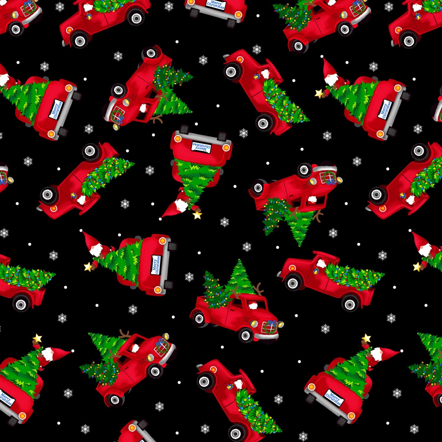 Merry Gnomeville - Gnomes and Red Trucks on Black - Pearlized - 1/2m cut 58524