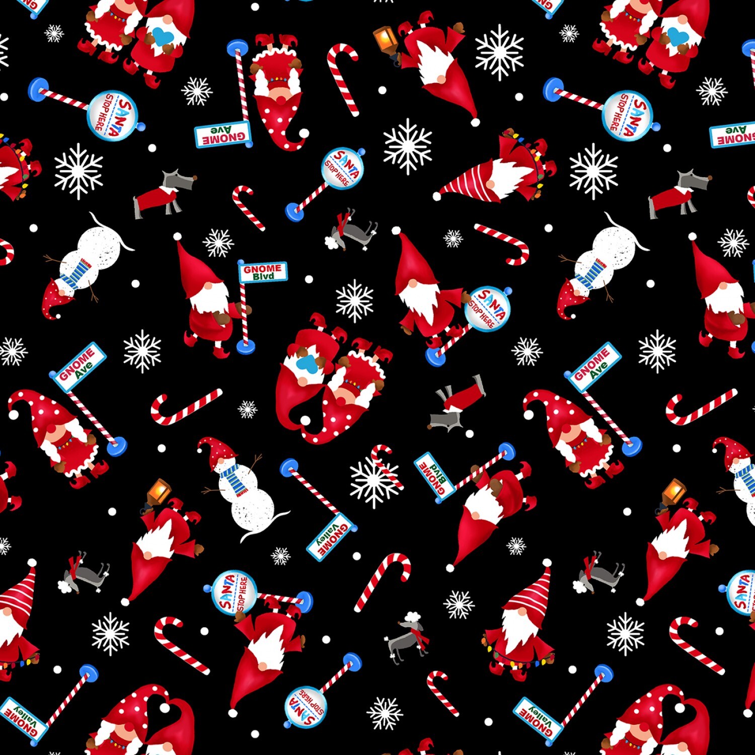 Merry Gnomeville - Tossed Gnomes on Black - Pearlized - 1/2m cut 58525