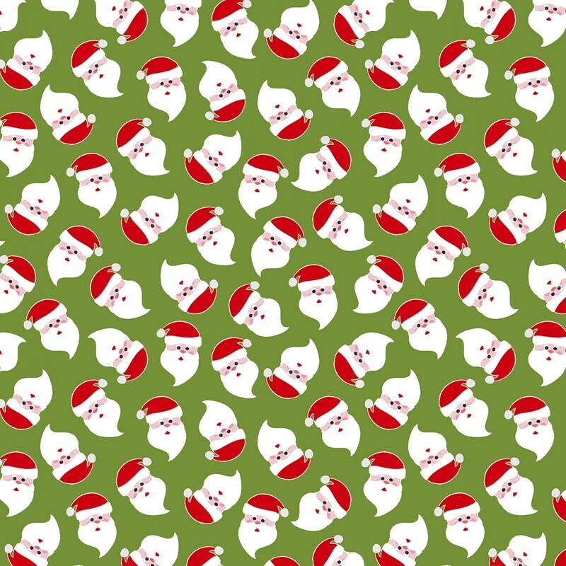 A Cozy Winter - Santa Faces on Green - 1/2m cut