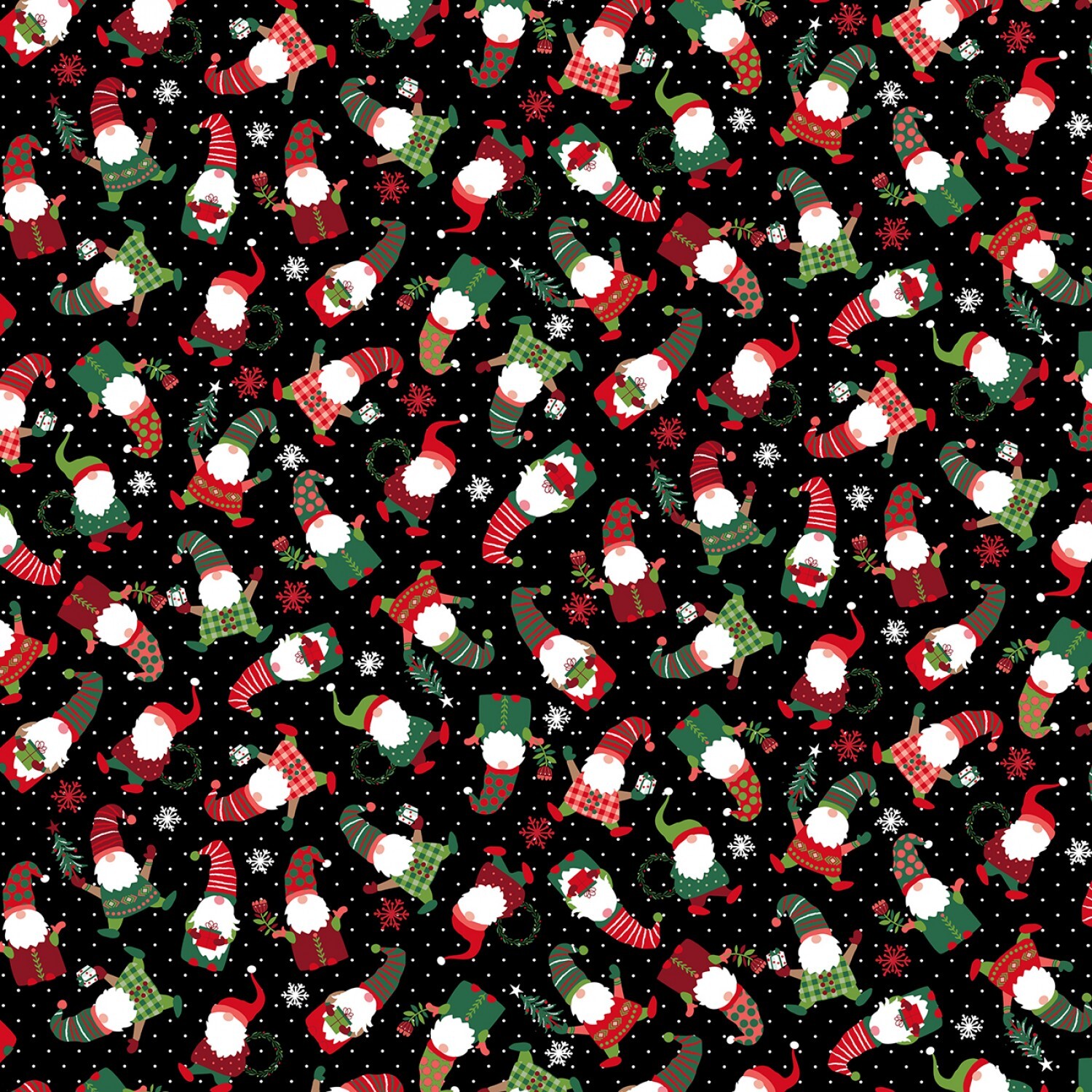 Feeling Festive - Mini Gnomes on Black - 1/2m cut 58536