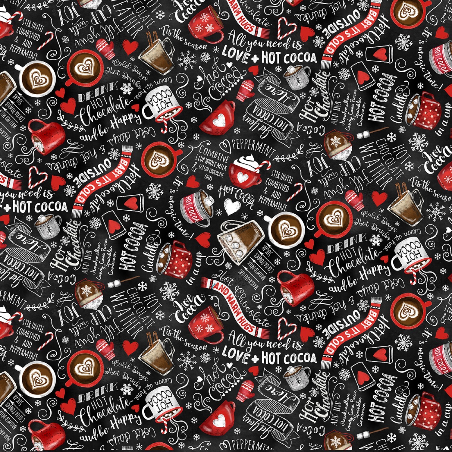 Feeling Festive - Hot Drinks on Black - 1/2m cut 58584