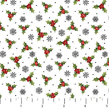 Santa's Tree Farm - Holly and Snowflakes on White - 1/2m cut 58650