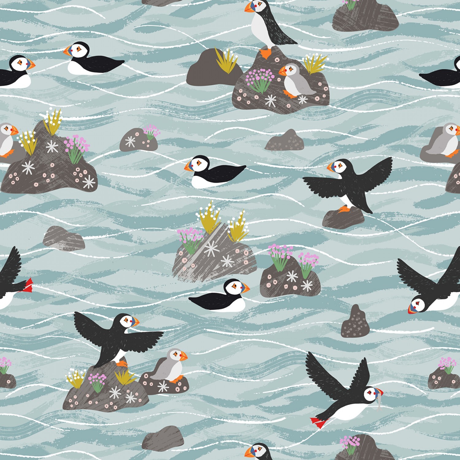 Puffin Bay - Puffins on Rocks - Light Blue - 1/2m cut 58878