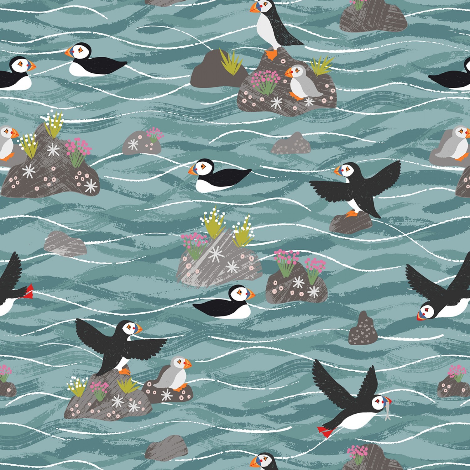 Puffin Bay - Puffins on Rocks - Sea Blue - 1/2m cut 58879