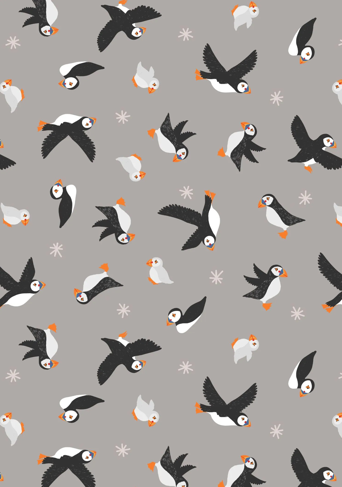 Puffin Bay - Tossed Puffins - Warm Grey - 1/2m cut 58883