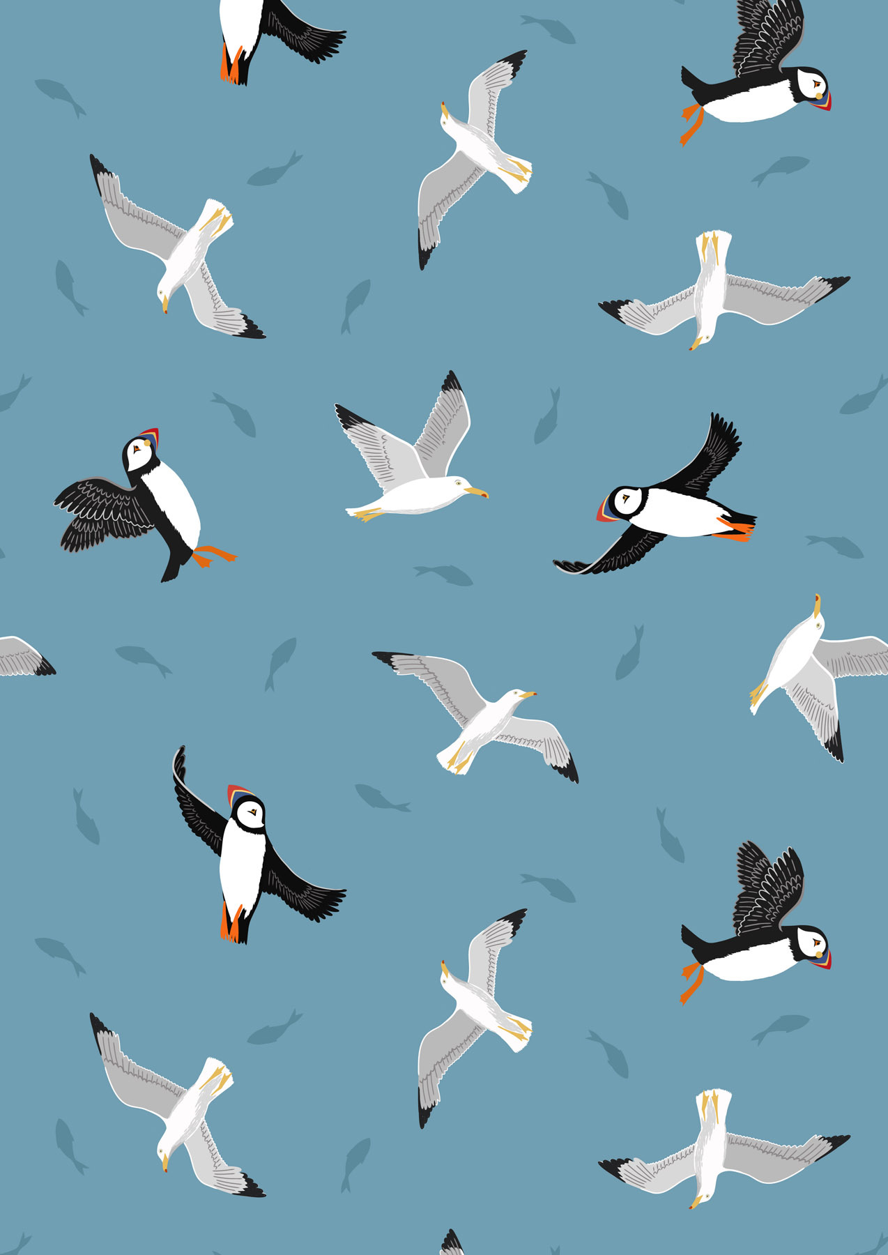 Small Things Coastal - Puffins and Gulls on Sea Blue - 1/2m cut 59030