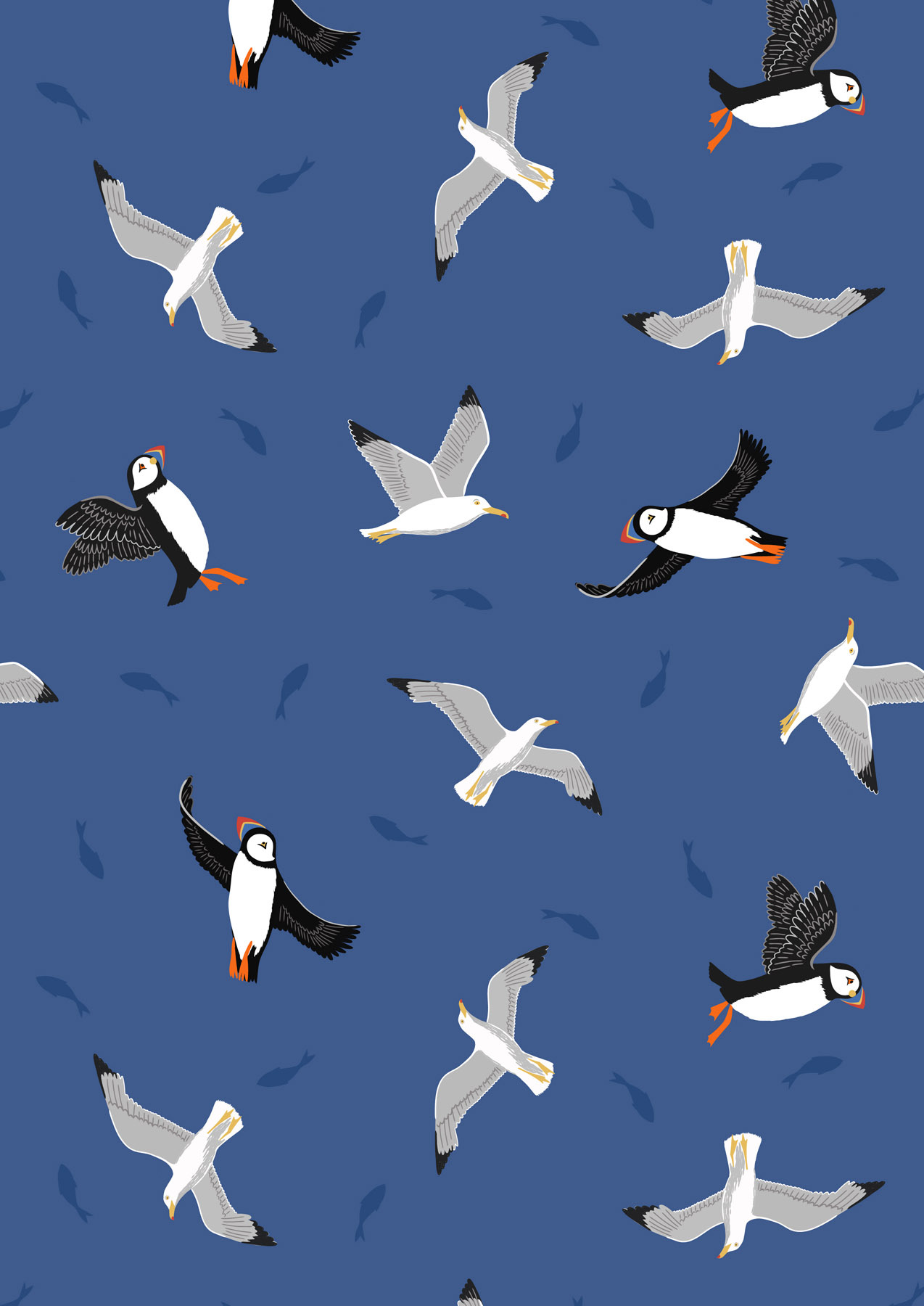 Small Things Coastal - Puffins and Gulls on Royal Blue - 1/2m cut 59031