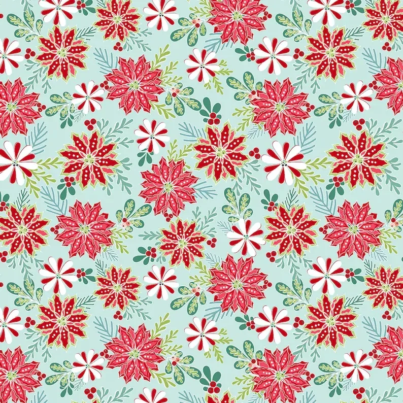 Aqua Poinsettias - Heart and Home - 1/2m cut