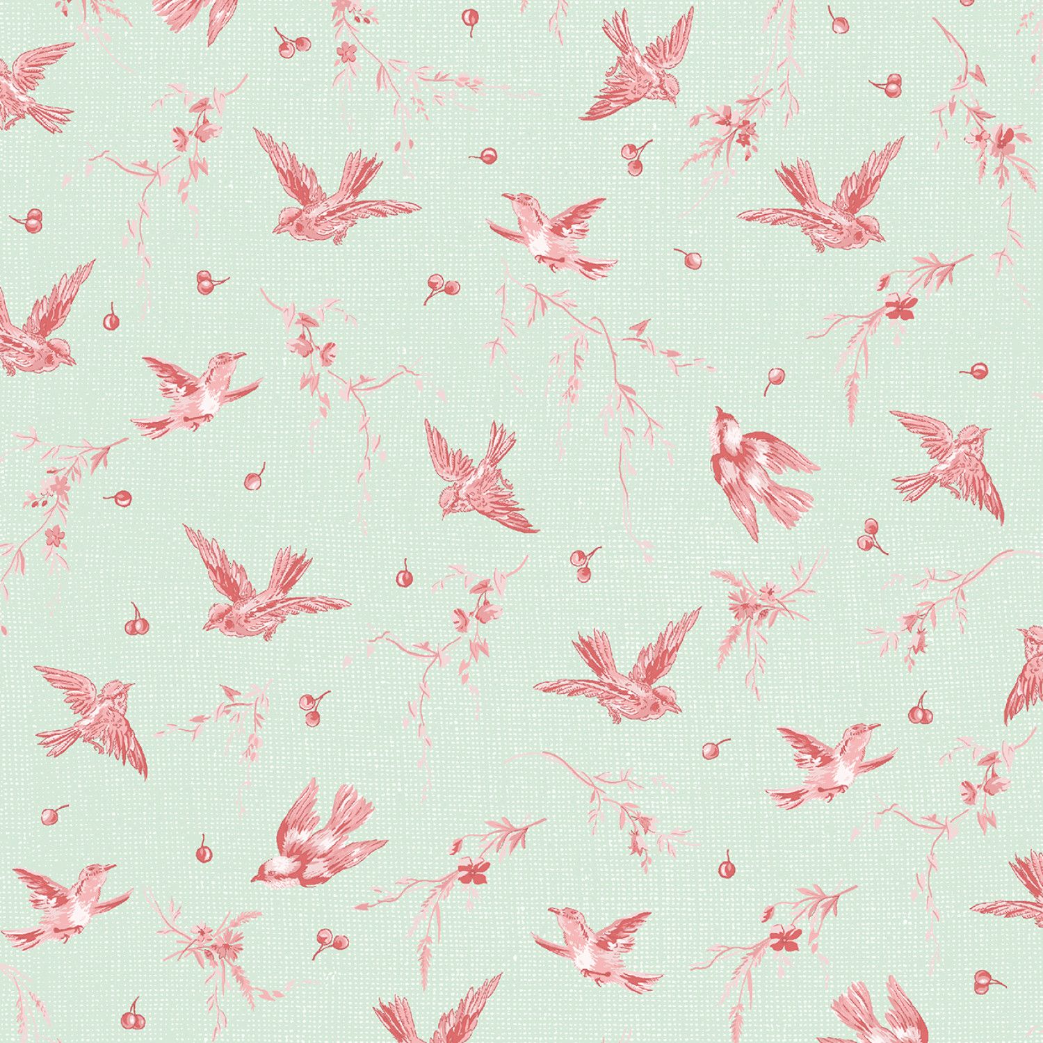 Birdsong - Light Green and Pink Birds - 1/2m cut