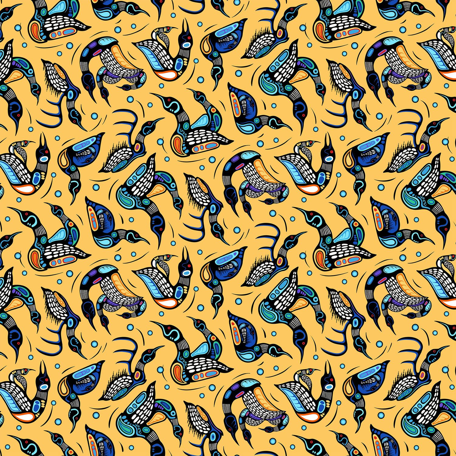 Sacred Earth - Multi Coloured Loons on Yellow - 1/2m cut